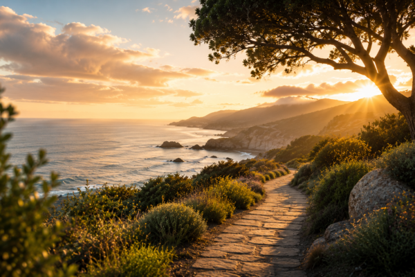 Golden sunrise over a peaceful coastal path winding through green cliffs beside the ocean, symbolizing a path from survival toward recovery.