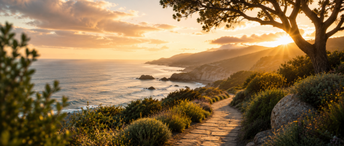 Golden sunrise over a peaceful coastal path winding through green cliffs beside the ocean, symbolizing a path from survival toward recovery.