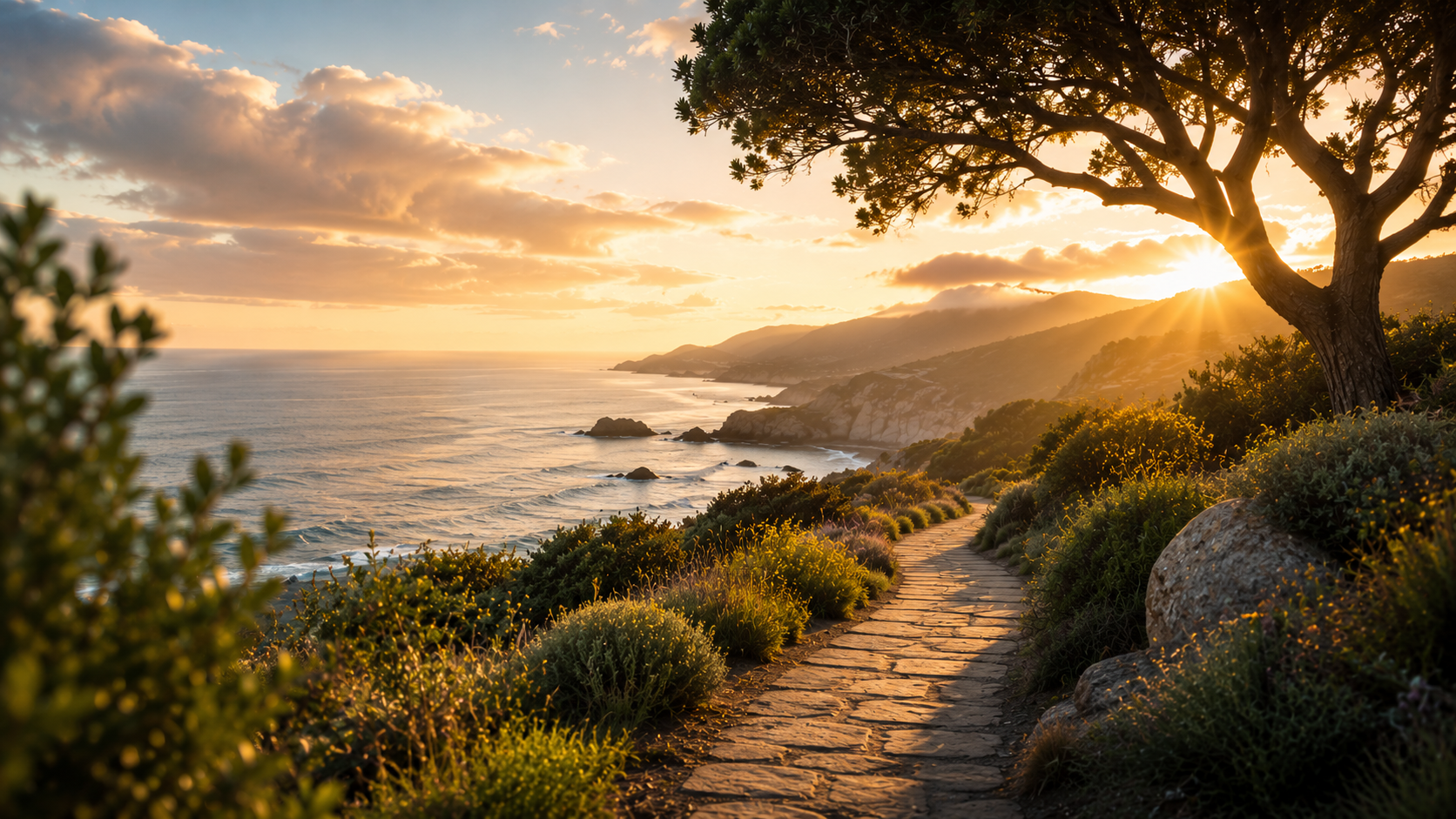 Golden sunrise over a peaceful coastal path winding through green cliffs beside the ocean, symbolizing a path from survival toward recovery.
