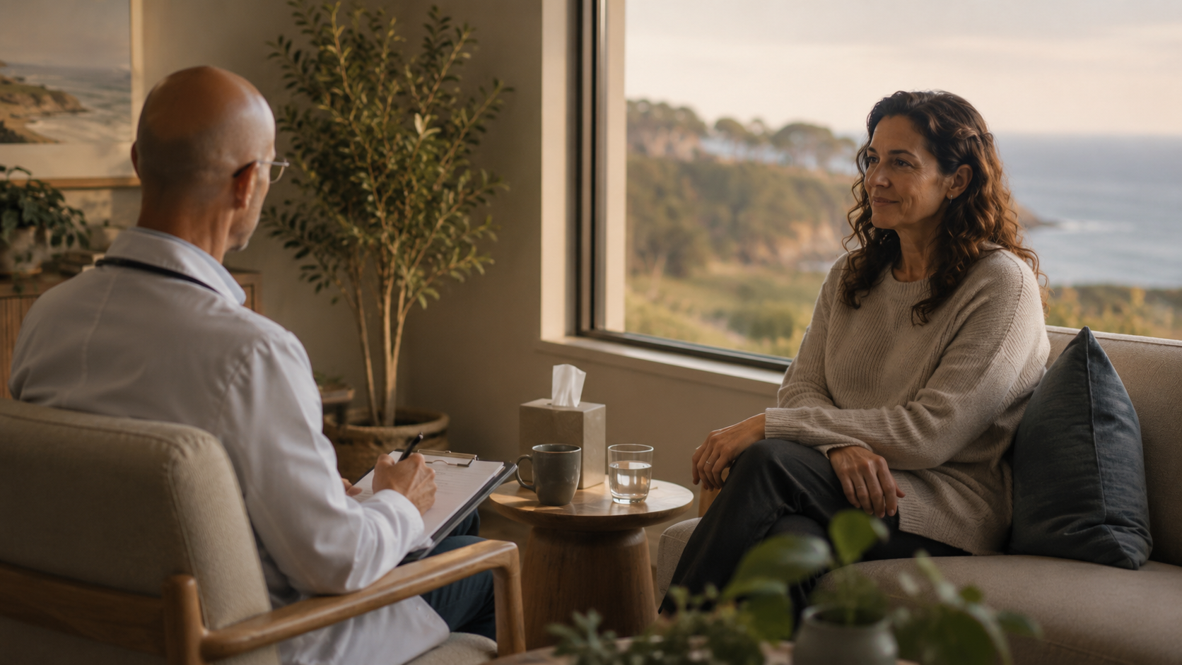 A bald male physician seen from behind listening to a woman in a calm coastal office, representing compassionate, individualized addiction care.