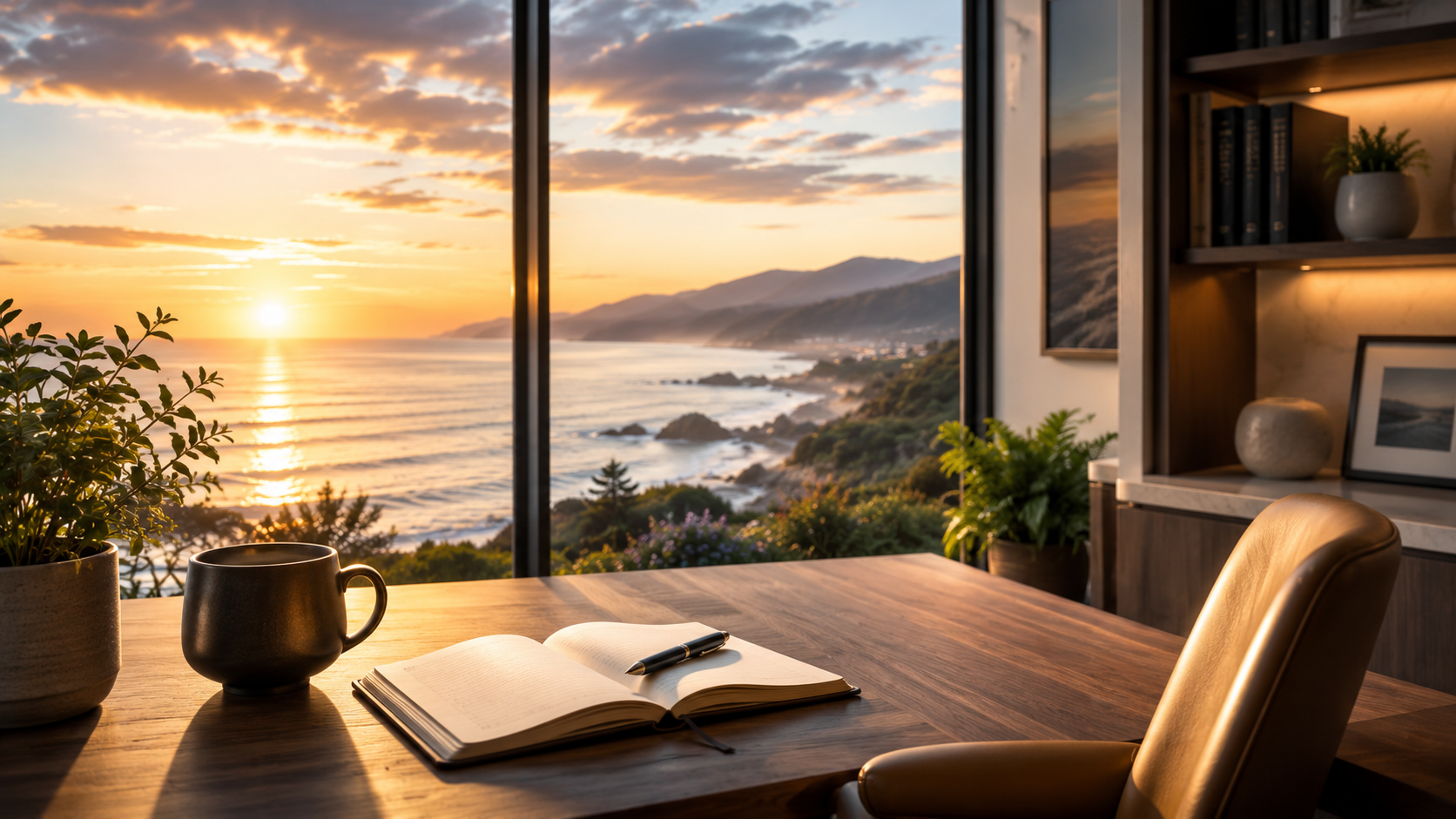 A calm coastal office at sunrise with an open notebook, pen, coffee mug, and empty chair beside expansive ocean-facing windows.