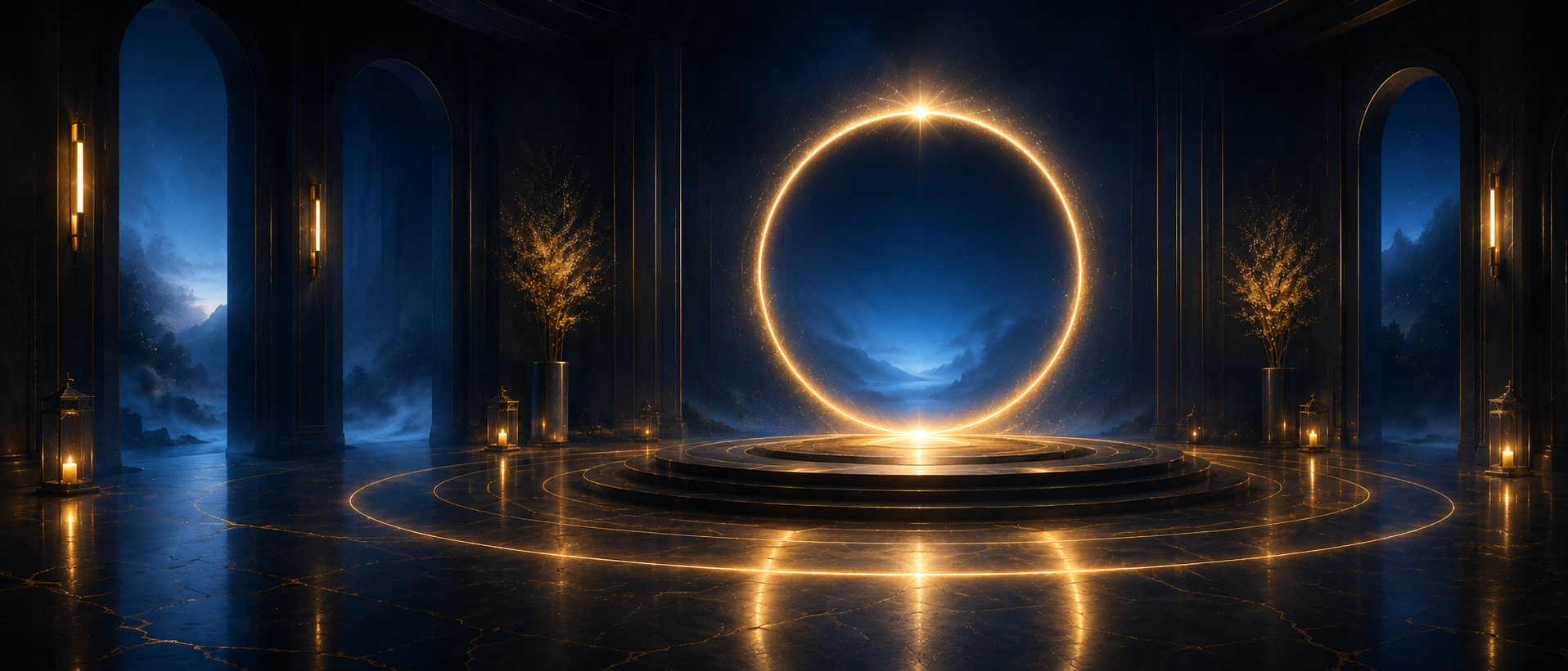 Abstract golden circle of light inside a dark blue sanctuary, representing the private Strategic Recovery Circle meeting room.