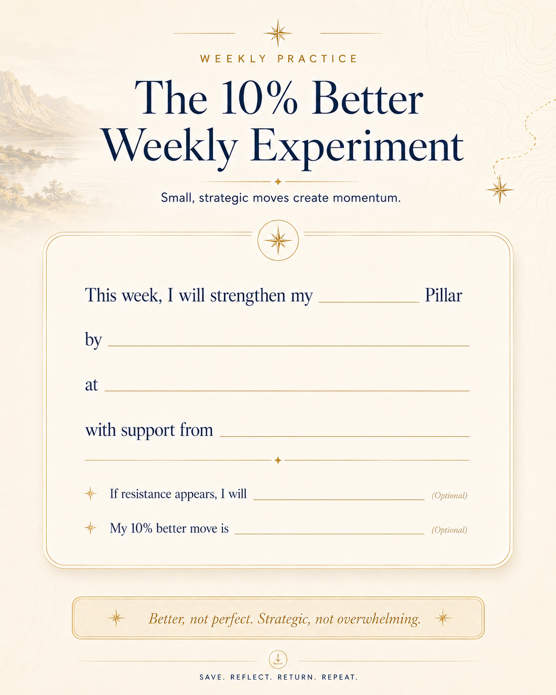 Luxury printable worksheet titled The 10% Better Weekly Experiment, featuring a fill-in template for choosing a recovery pillar, a specific action, timing, and support.