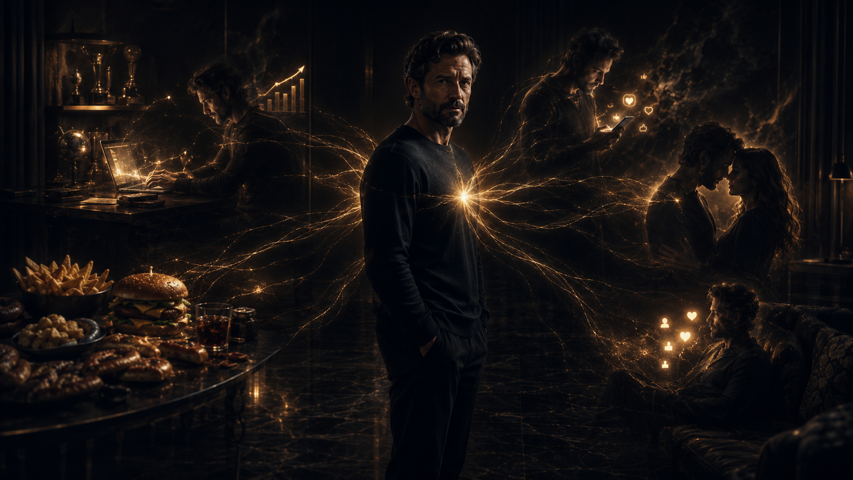 A sober man stands in a dark interior as golden nervous-system threads connect him to work, achievement, ultra-processed food, smartphone notifications, romantic reassurance, and social approval.