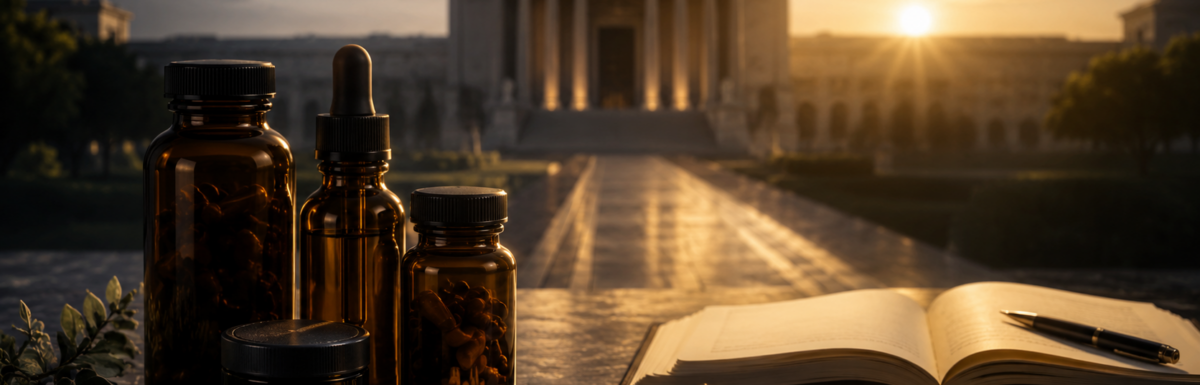 Amber supplement bottles, tablets, gummies, and botanical leaves beside an open journal, with a federal-style building at sunrise in the background—representing the DEA’s proposed action on concentrated 7-OH products and the importance of making a calm recovery plan.