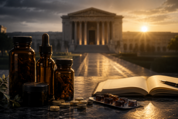 Amber supplement bottles, tablets, gummies, and botanical leaves beside an open journal, with a federal-style building at sunrise in the background—representing the DEA’s proposed action on concentrated 7-OH products and the importance of making a calm recovery plan.