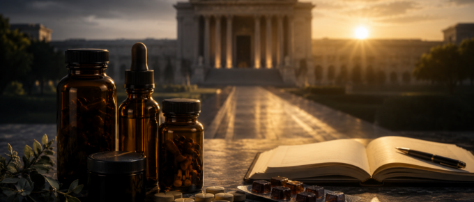 Amber supplement bottles, tablets, gummies, and botanical leaves beside an open journal, with a federal-style building at sunrise in the background—representing the DEA’s proposed action on concentrated 7-OH products and the importance of making a calm recovery plan.
