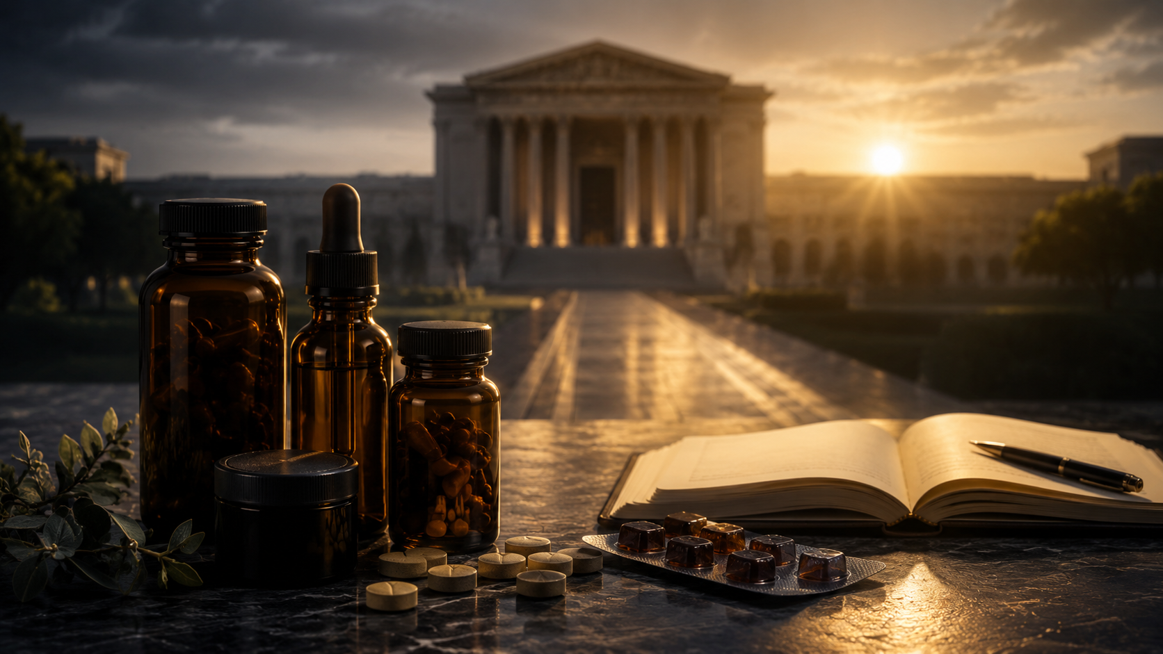 Amber supplement bottles, tablets, gummies, and botanical leaves beside an open journal, with a federal-style building at sunrise in the background—representing the DEA’s proposed action on concentrated 7-OH products and the importance of making a calm recovery plan.
