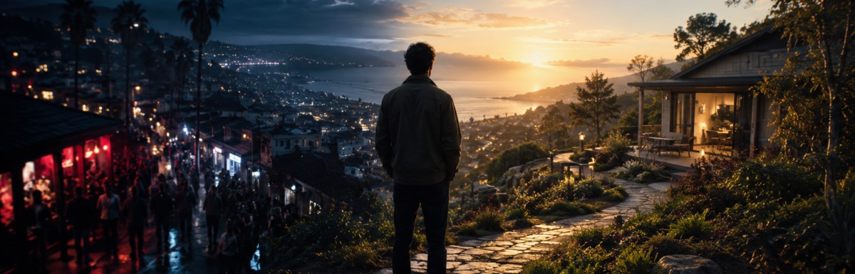 A person stands on a hillside path between a dark, crowded nightlife district and a warm, peaceful home at sunrise, symbolizing the shift from addiction-supporting environments to recovery-supporting environments.