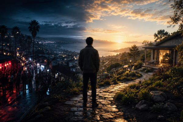 A person stands on a hillside path between a dark, crowded nightlife district and a warm, peaceful home at sunrise, symbolizing the shift from addiction-supporting environments to recovery-supporting environments.