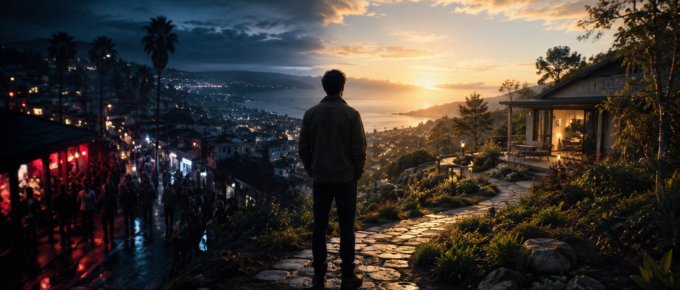 A person stands on a hillside path between a dark, crowded nightlife district and a warm, peaceful home at sunrise, symbolizing the shift from addiction-supporting environments to recovery-supporting environments.