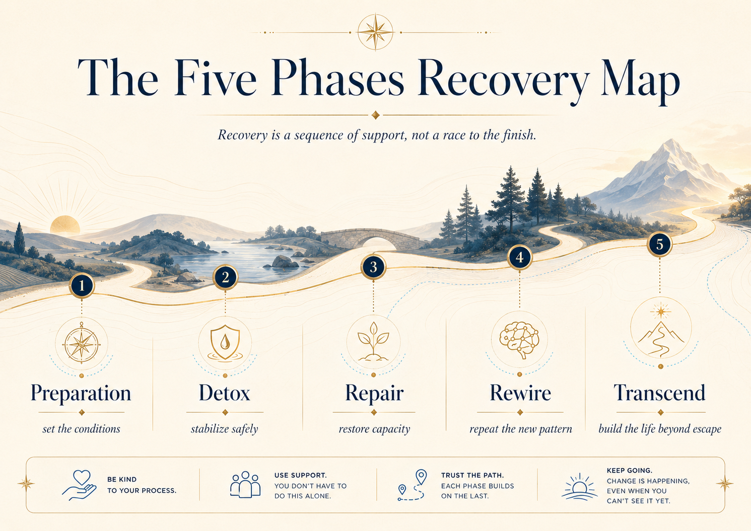 Luxury editorial infographic titled The Five Phases Recovery Map, showing a winding golden path through Preparation, Detox, Repair, Rewire, and Transcend.