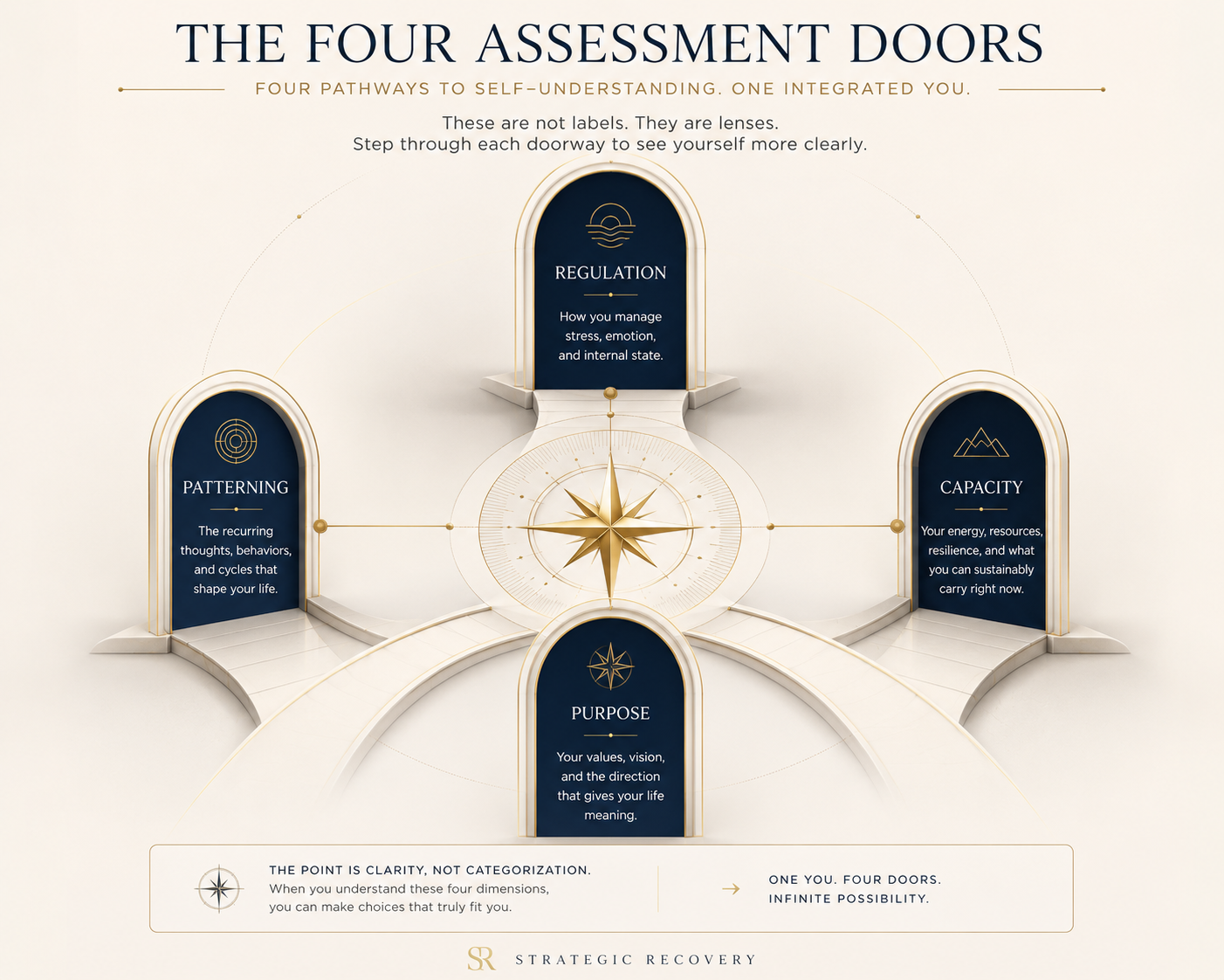 Luxury editorial infographic titled The Four Assessment Doors, showing four navy-and-gold architectural doorways around a central compass: Regulation, Patterning, Capacity, and Purpose.