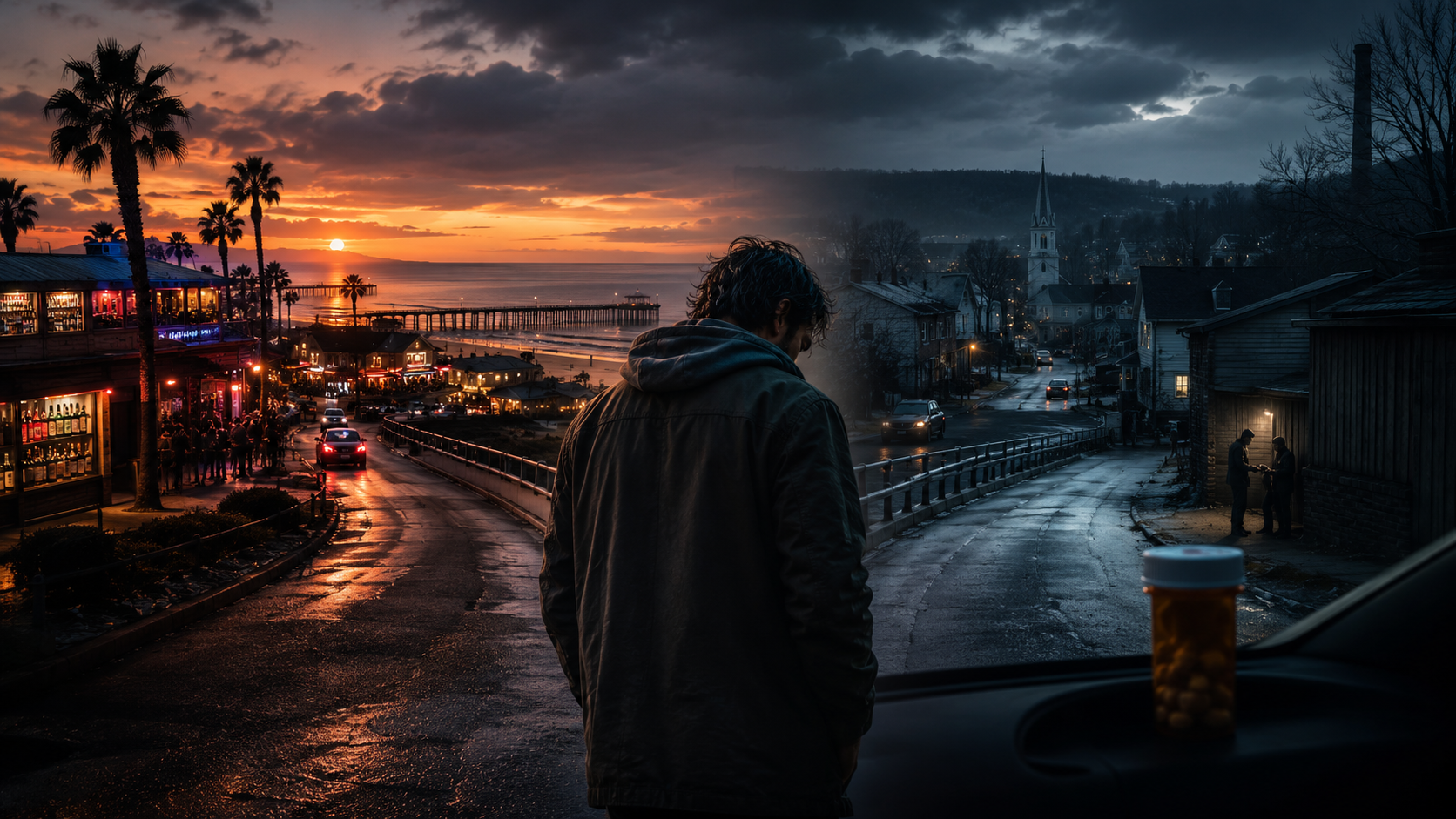 A solitary man stands between a glowing Ocean Beach nightlife district with palm trees and bars at sunset and a dark, rainy upstate town with a pill bottle in the foreground, symbolizing how changing locations alone does not create recovery.
