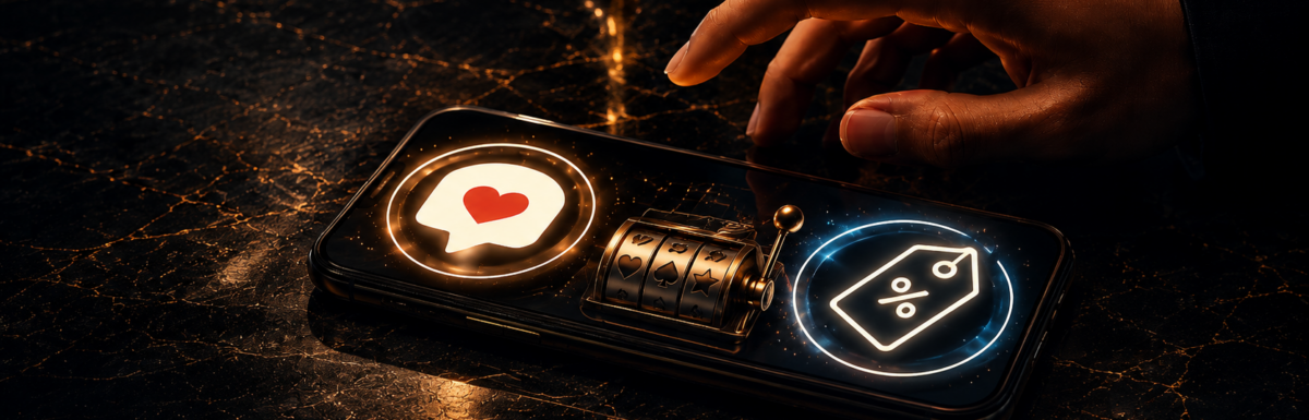 A hand hovers over a smartphone showing a red heart message, a glowing discount tag, and slot-machine reels symbolizing unpredictable rewards.