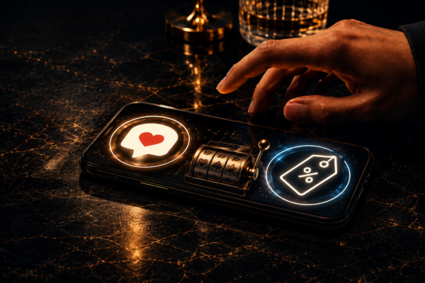 A hand hovers over a smartphone showing a red heart message, a glowing discount tag, and slot-machine reels symbolizing unpredictable rewards.