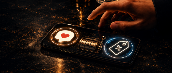 A hand hovers over a smartphone showing a red heart message, a glowing discount tag, and slot-machine reels symbolizing unpredictable rewards.