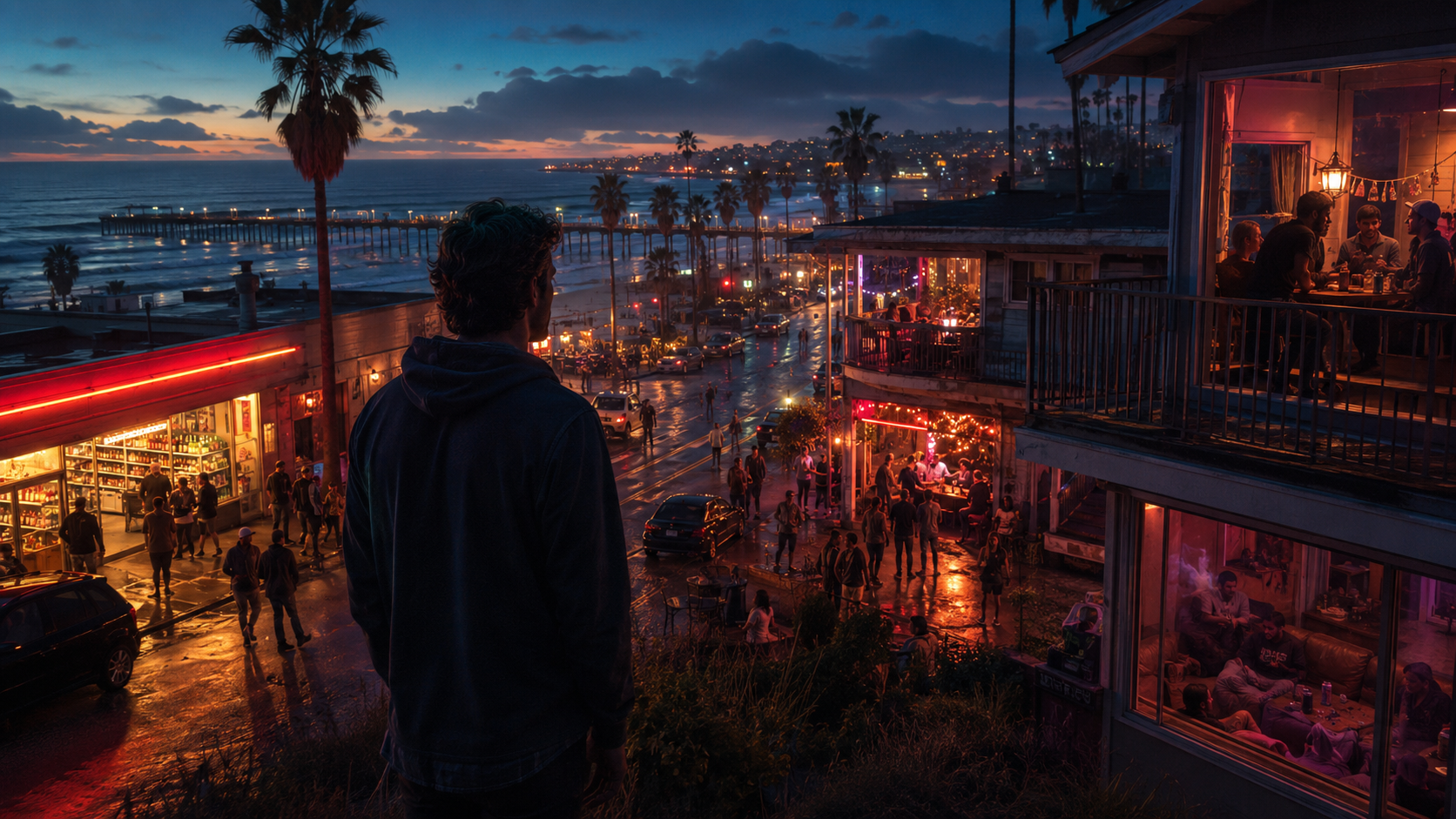 A lone young man overlooks Ocean Beach at dusk, surrounded by a nearby liquor store, crowded nightlife, social drinking in apartment windows, palm trees, and the Ocean Beach Pier in the distance, symbolizing a high-access environment that reinforced addiction.