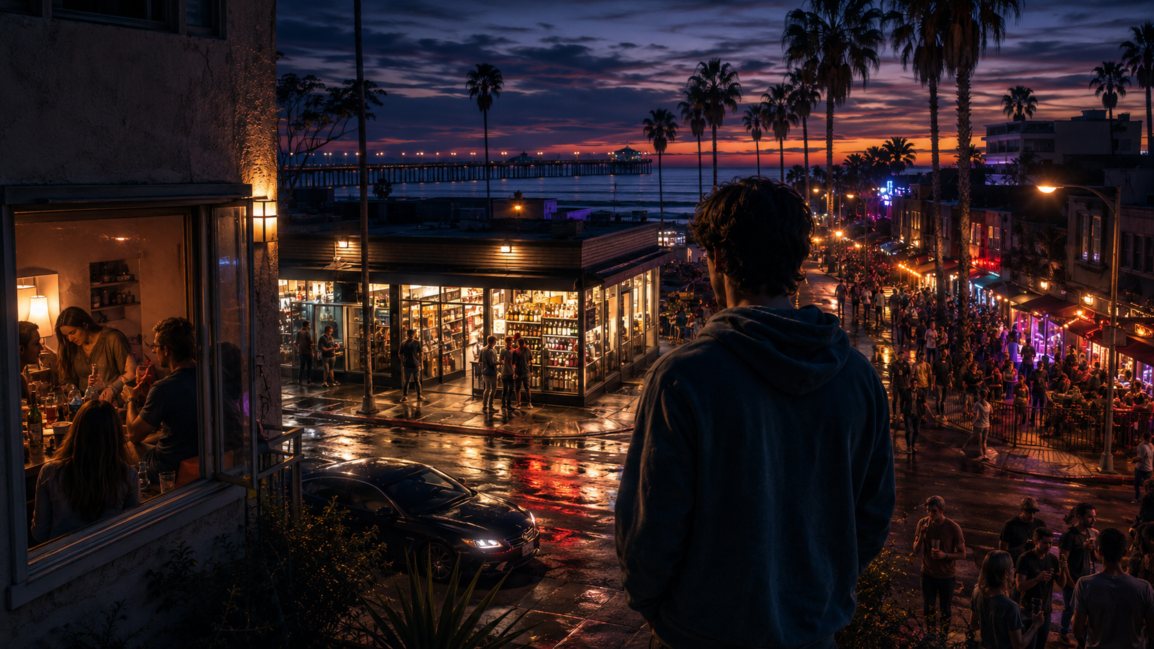 A young man overlooks a lively Ocean Beach street at dusk, with a liquor store across the street, crowded bars nearby, partygoers in a nearby home, and the Ocean Beach Pier in the background, symbolizing a high-cue environment that reinforces drinking.