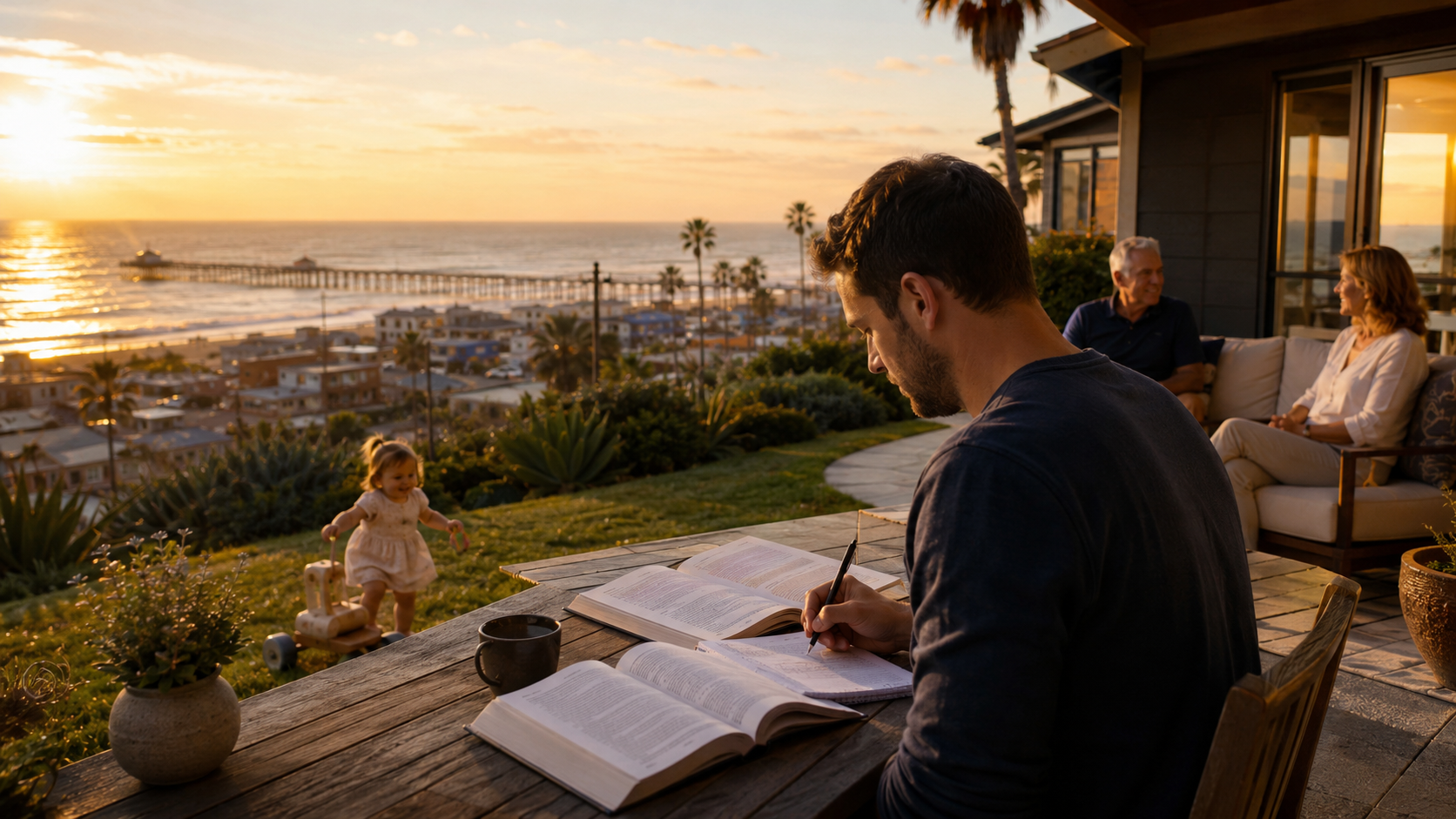 A young father studies at an outdoor table on a hillside home in Ocean Beach at sunset while his toddler plays nearby and his parents sit behind him, with the ocean and Ocean Beach Pier visible in the distance, symbolizing a safe recovery-supportive environment.