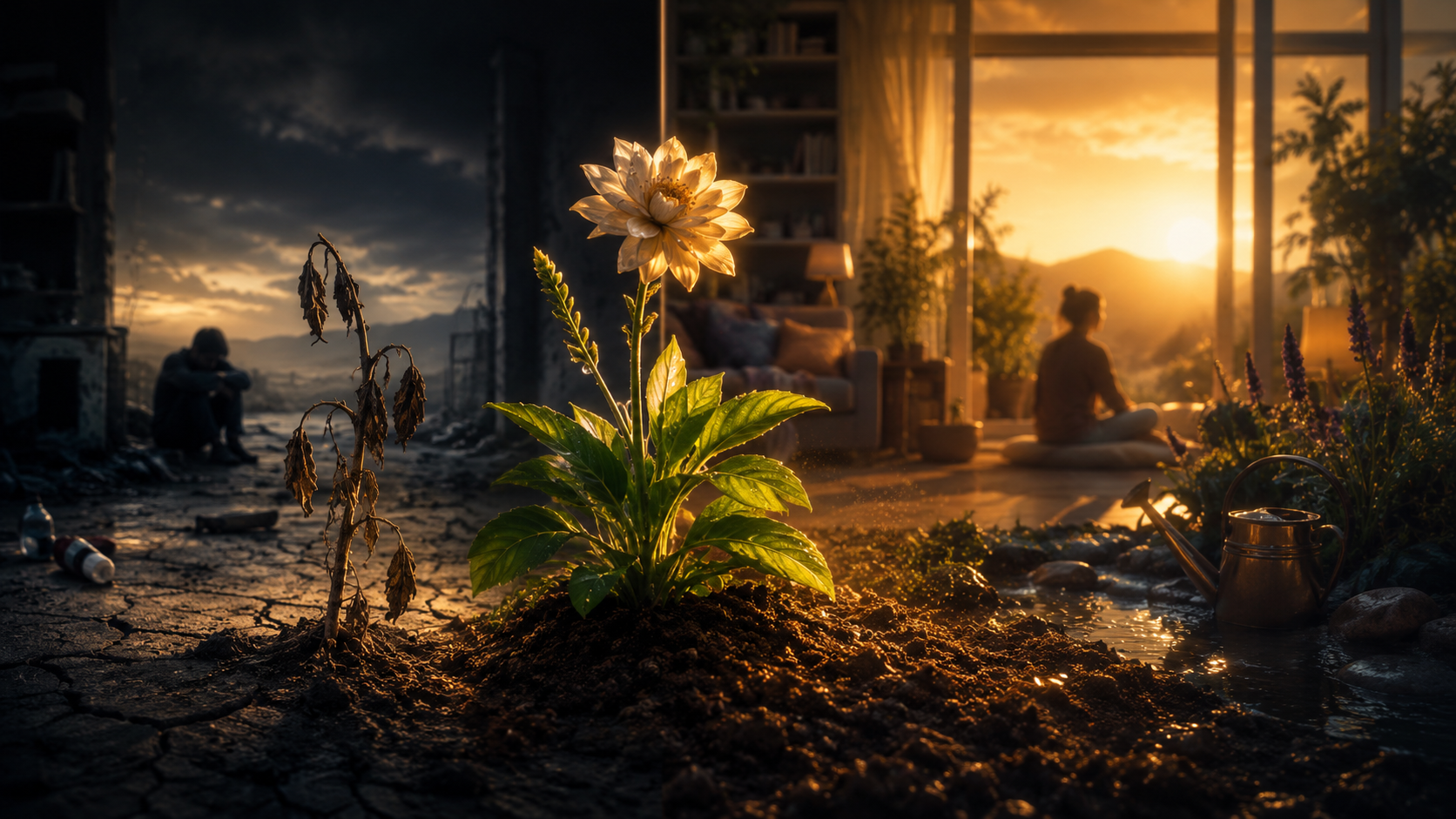 A cinematic scene contrasts a wilted plant growing in cracked, dark ground beside a thriving flower rooted in rich soil, sunlight, water, and a calm home environment, symbolizing how recovery depends on supportive conditions rather than willpower alone.