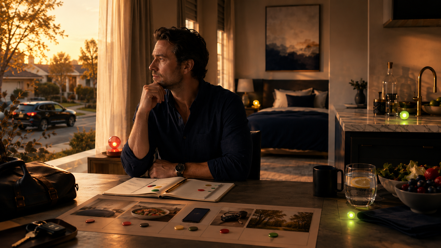 A man sits at a kitchen table at sunset reviewing a visual environment audit with red, yellow, and green markers. Around him are a phone, keys, nourishing food, water, a bedroom, a kitchen, and a neighborhood view, representing the many environments that can support or undermine recovery.