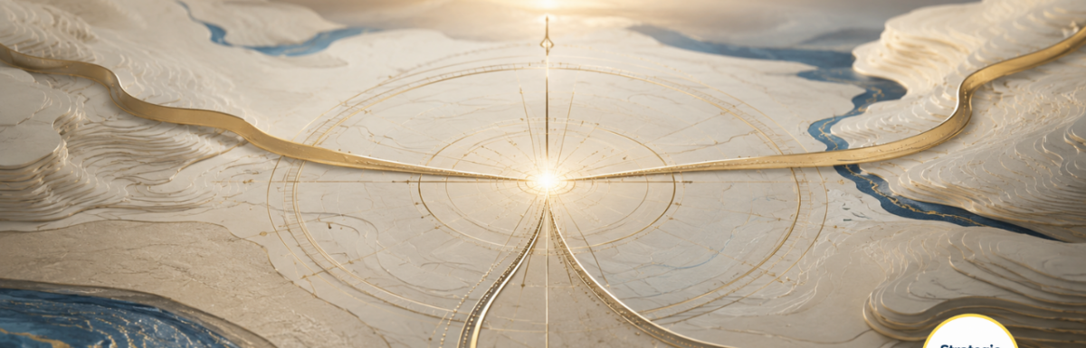Elegant ivory topographic landscape with refined gold compass geometry, three pathways converging at a luminous central point, and subtle deep-blue waterways—symbolizing a personalized recovery map, connected support systems, and a clear next right step.