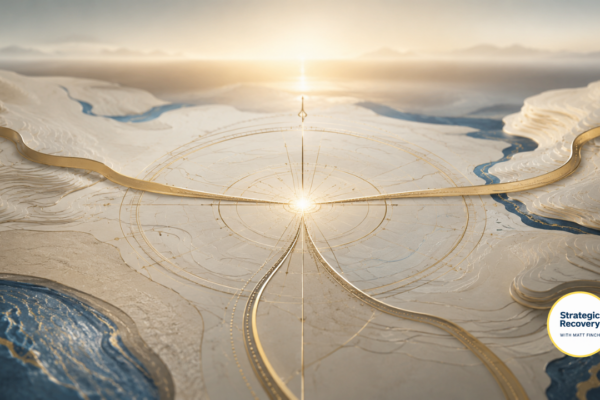 Elegant ivory topographic landscape with refined gold compass geometry, three pathways converging at a luminous central point, and subtle deep-blue waterways—symbolizing a personalized recovery map, connected support systems, and a clear next right step.