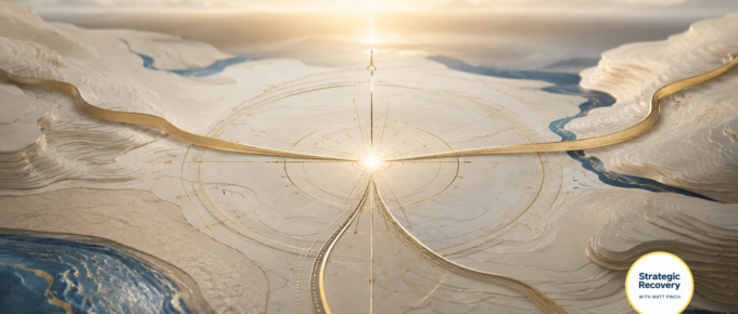 Elegant ivory topographic landscape with refined gold compass geometry, three pathways converging at a luminous central point, and subtle deep-blue waterways—symbolizing a personalized recovery map, connected support systems, and a clear next right step.