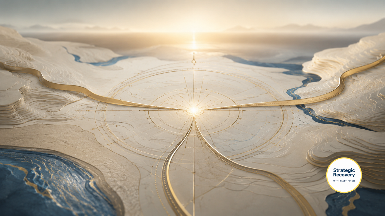 Elegant ivory topographic landscape with refined gold compass geometry, three pathways converging at a luminous central point, and subtle deep-blue waterways—symbolizing a personalized recovery map, connected support systems, and a clear next right step.