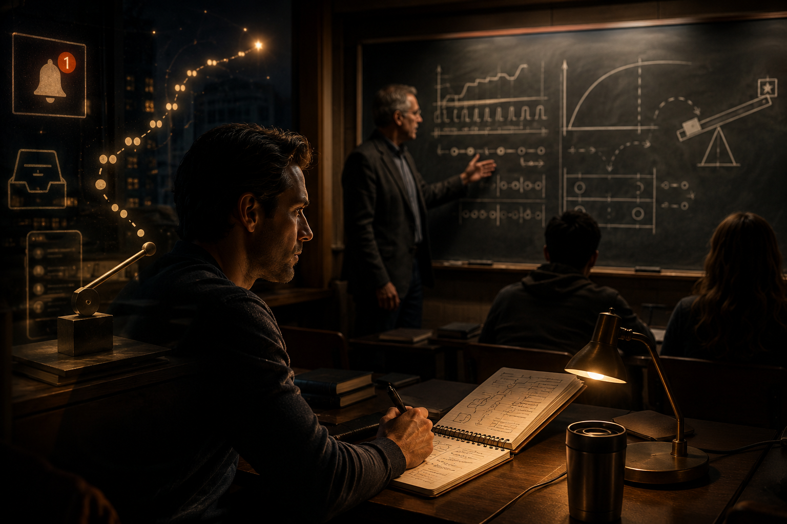 An adult student listens attentively in an evening psychology classroom as a professor explains abstract reinforcement patterns, with subtle symbols of a lever, inbox, notification, and uncertain reward.