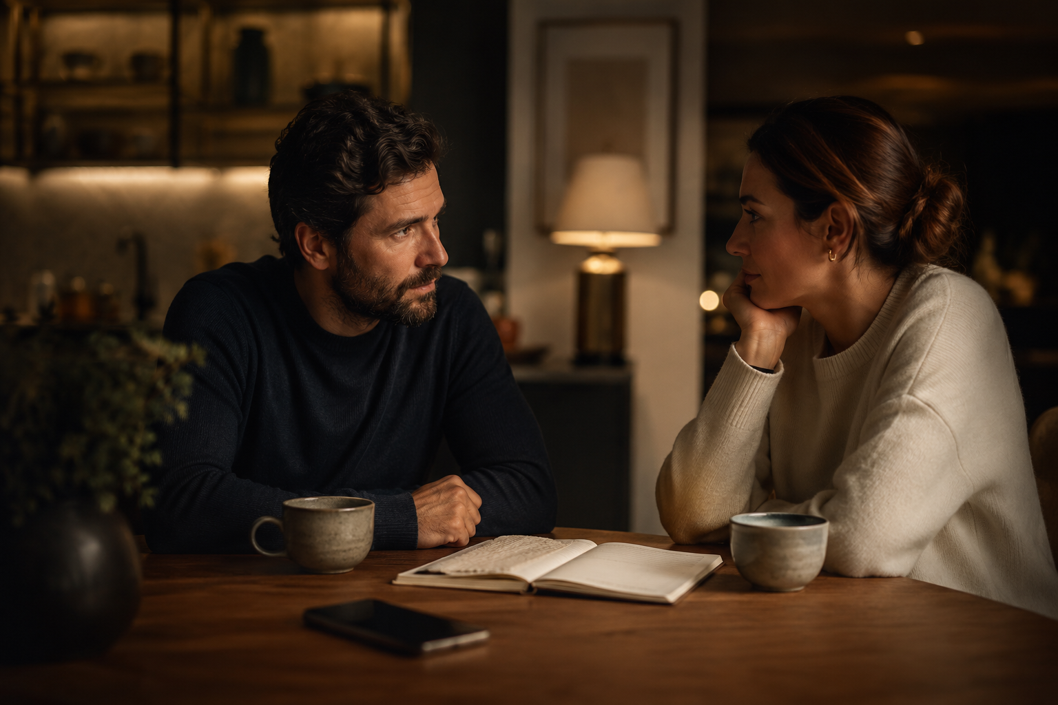 Two people sitting at a warmly lit evening table with cups, an open notebook, and a phone resting face down, representing a calm conversation about support before a crisis escalates.