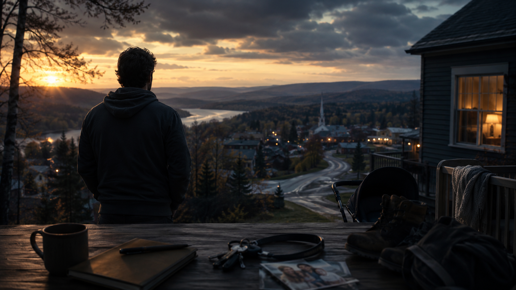 A solitary young father stands on a porch at sunset overlooking a small upstate New York town, with a stroller, journal, coffee mug, and baby gear nearby, symbolizing exhaustion, parenthood, and a life in transition.